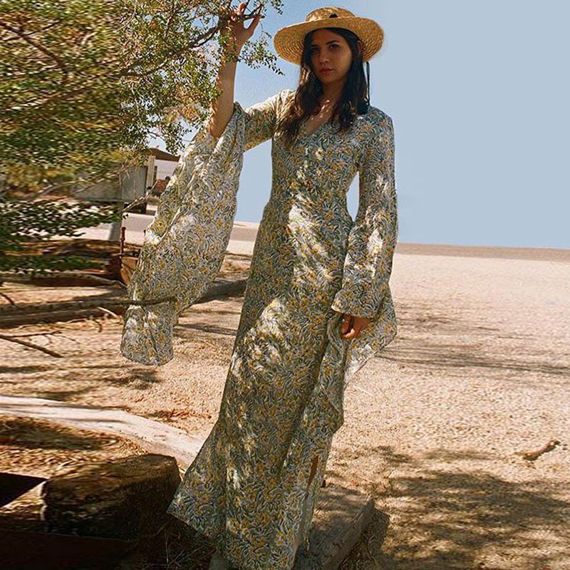 European and American Women's Autumn and Winter Long Dress Bohemian Evening Dress Amazon Explosive Bat Sleeve Printed Dress