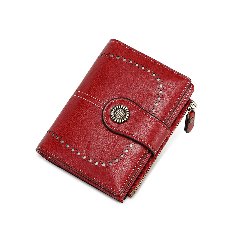 2023 New RFID women's wallet short card holder European and American oil wax leather coin purse fashion buckle zipper wallet