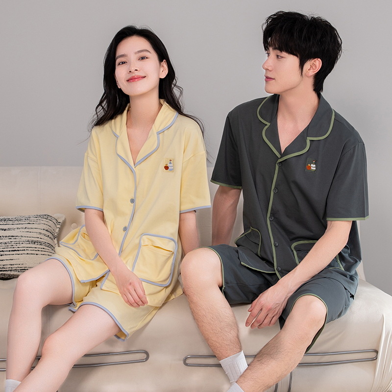 [Antibacterial] Couple Pajamas Summer Cotton Thin Cardigan Lapel Short Sleeve Shorts Korean Men's and Women's suit Home Clothes