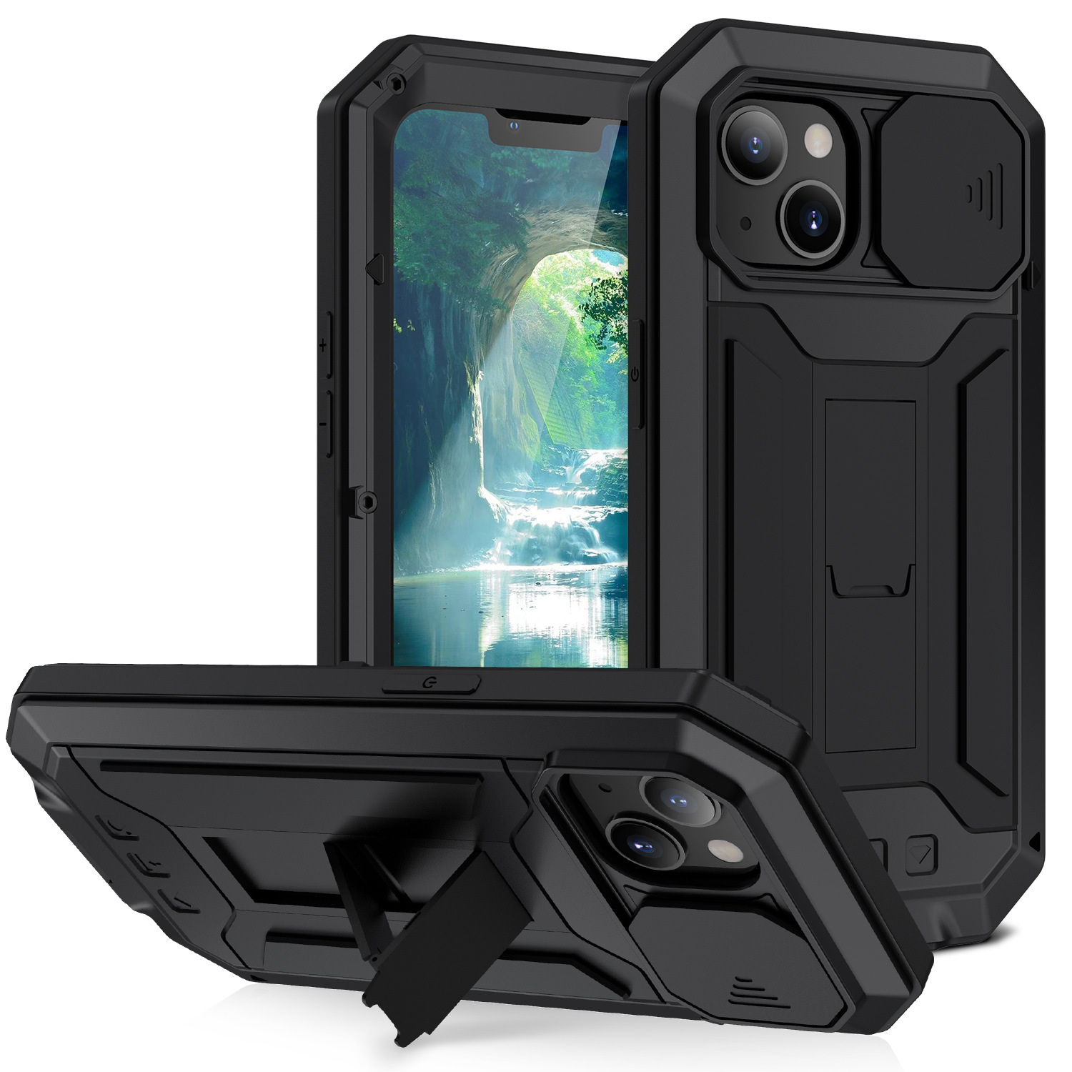 適用蘋果15保護套iphone14promax手機殼Plus防摔金屬外殼隱形支架