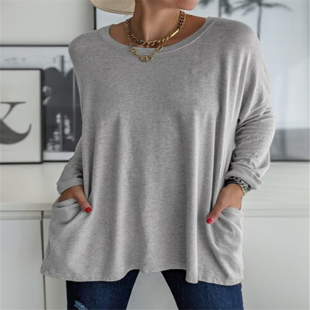 Ebay Amazon wish spring and summer new European and American crew neck long sleeve loose pocket solid color T-shirt casual women's clothing