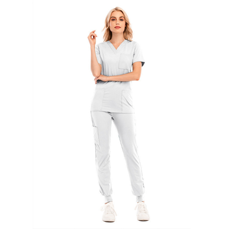 New Sports Leisure Solid Color V-Neck Short Sleeve Pocket Nurse Clothing Medical Care Clothing Split Nurse Work Uniform Set