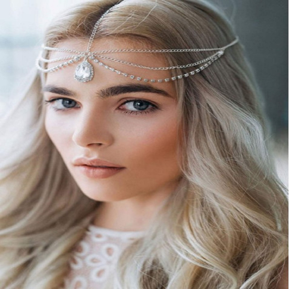 Europe and the United States cross-border new crystal forehead ornament eyebrow pendant forehead chain water drop hair ornament headdress chain Bohemian national headdress