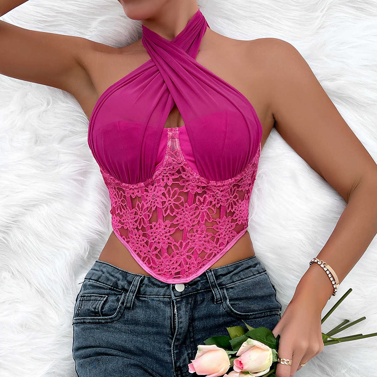 Cross-border foreign trade Amazon specializes in lace mesh cross-neck jacket Diamond Fishbone vest K0292