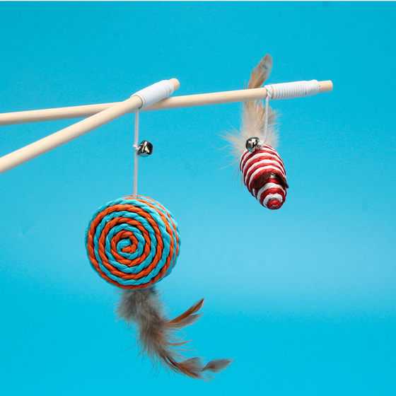 Pet Supplies Interactive Self-Hi Wooden Cat Tease Pole Cat Feather Bell Mouse Toy Detoxification Wooden Pole Cat Tease