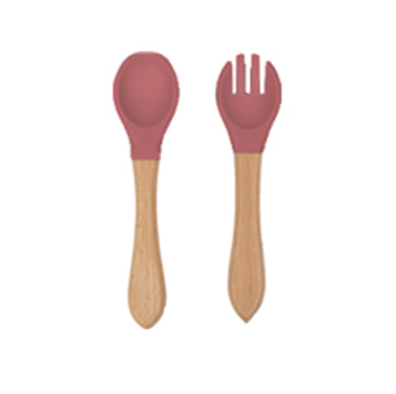Brick Red-wooden handle silicone fork spoon