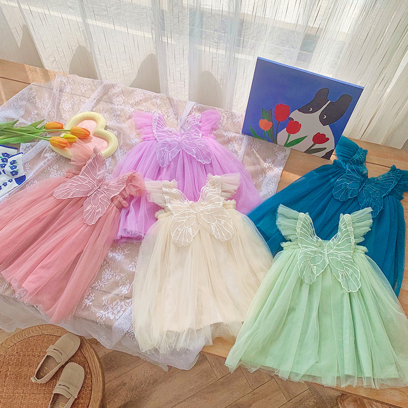 Butterfly Wings Girls Mesh Dress 2023 Summer New Baby Girl Princess Dress Piece Dress on Sale