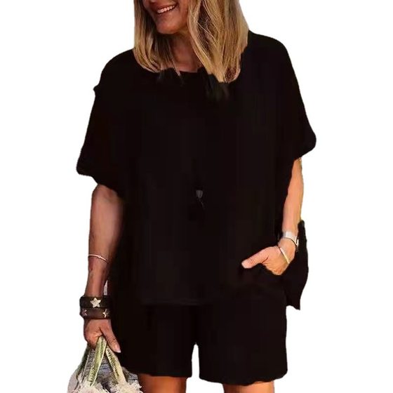 2022 spring and summer new suit fashion temperament loose short sleeve shorts cotton and linen two-piece set
