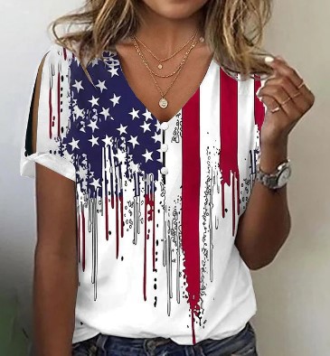2023 New Fashion Flower Series 3D Printing V-Neck Button T-Shirt Top Daily Short Sleeve Foreign Trade Women's Clothing