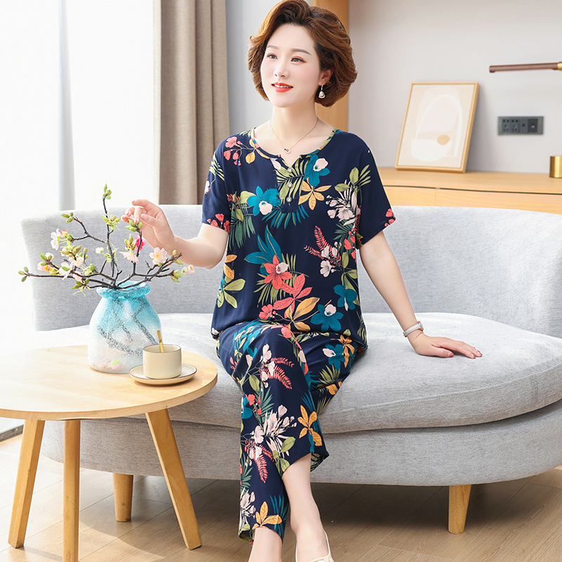 Middle-aged and Elderly Cotton Silk Pajamas Women's Summer Short-sleeved Trousers Suit Summer Cotton Silk Artificial Cotton Mom Women's Home Clothes