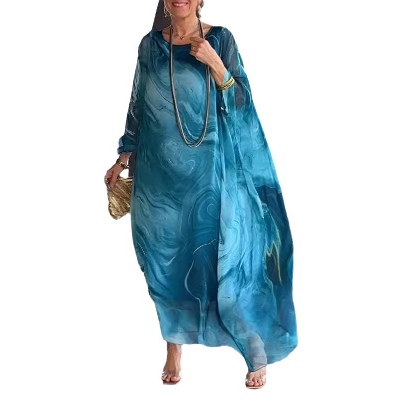 2024 summer new product_European and American cross-border independent station elegant commuter chiffon printed dress marble texture