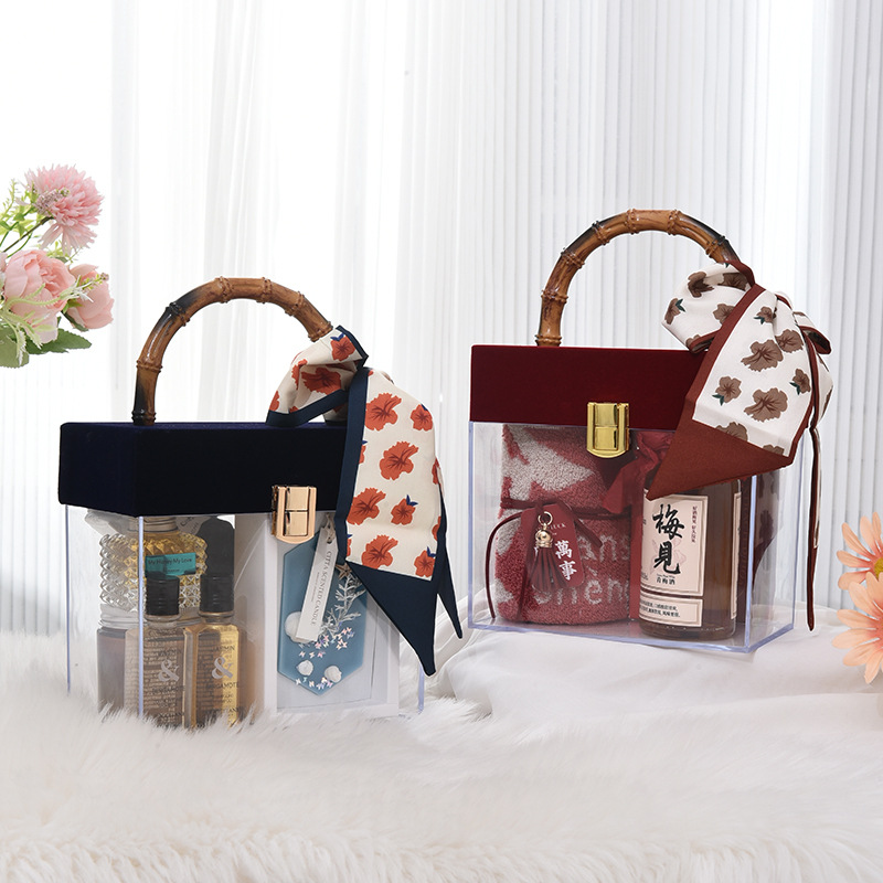 Bamboo Transparent Acrylic Gift Box Set Creative Portable Wedding Candy Box Birthday Gift Packaging Box
