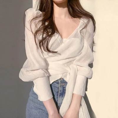 Korean Style Chic Spring and Autumn Elegant Elegant Pleated V-Neck Cross Strap Design Sense Niche Chiffon Shirt Top for Women