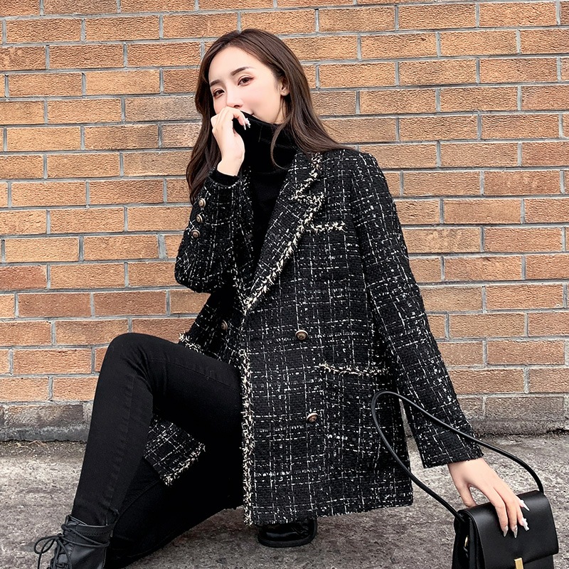 2023 Autumn and Winter New Women's Loose Plaid Woolen Coat Chanel Style Tweed Socialite Stitching Small Suit for Women