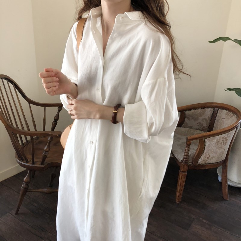 Cross-border South Korea Lazy Style All-match Simple Long Over-the-knee Shirt Solid Color Lapel Cardigan Shirt Sunscreen Air-conditioning Shirt