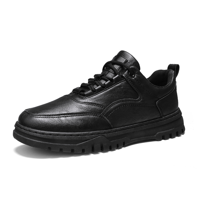 Autumn New Men's Shoes Korean Style Men's Casual Board Shoes Black PU Leather Shoes Fashionable Student Sports Shoes Lace-up Trendy Shoes