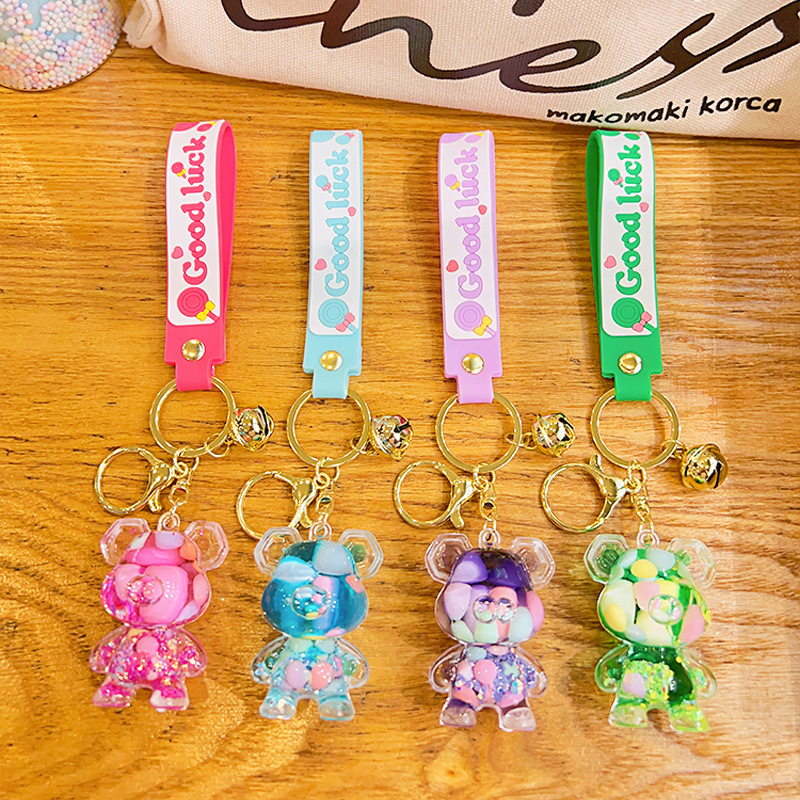 Cartoon violent bear quicksand bottle key chain stall small gifts wholesale acrylic floating into the oil liquid key chain