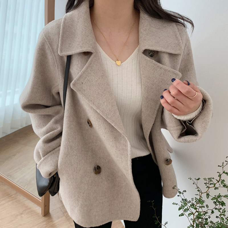 Women's French-Inspired Wool Blend Blazer, Double-Breasted Oversized Coat, Chic Fall/Winter Outerwear_voghion.com
