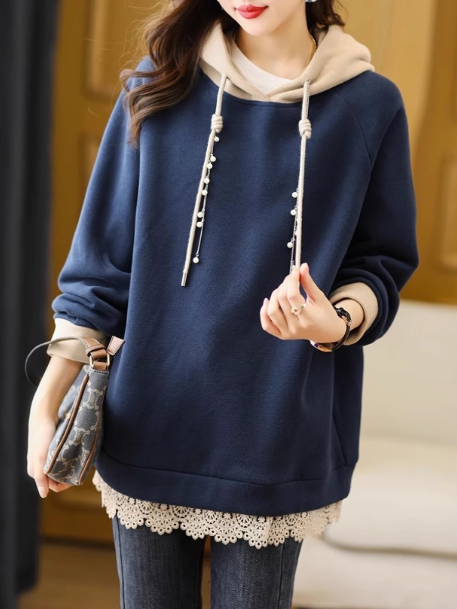 Cross-border 2023 autumn and winter New Korean style fleece-lined thick color matching hooded sweater for women plus size loose fat mm200 kg