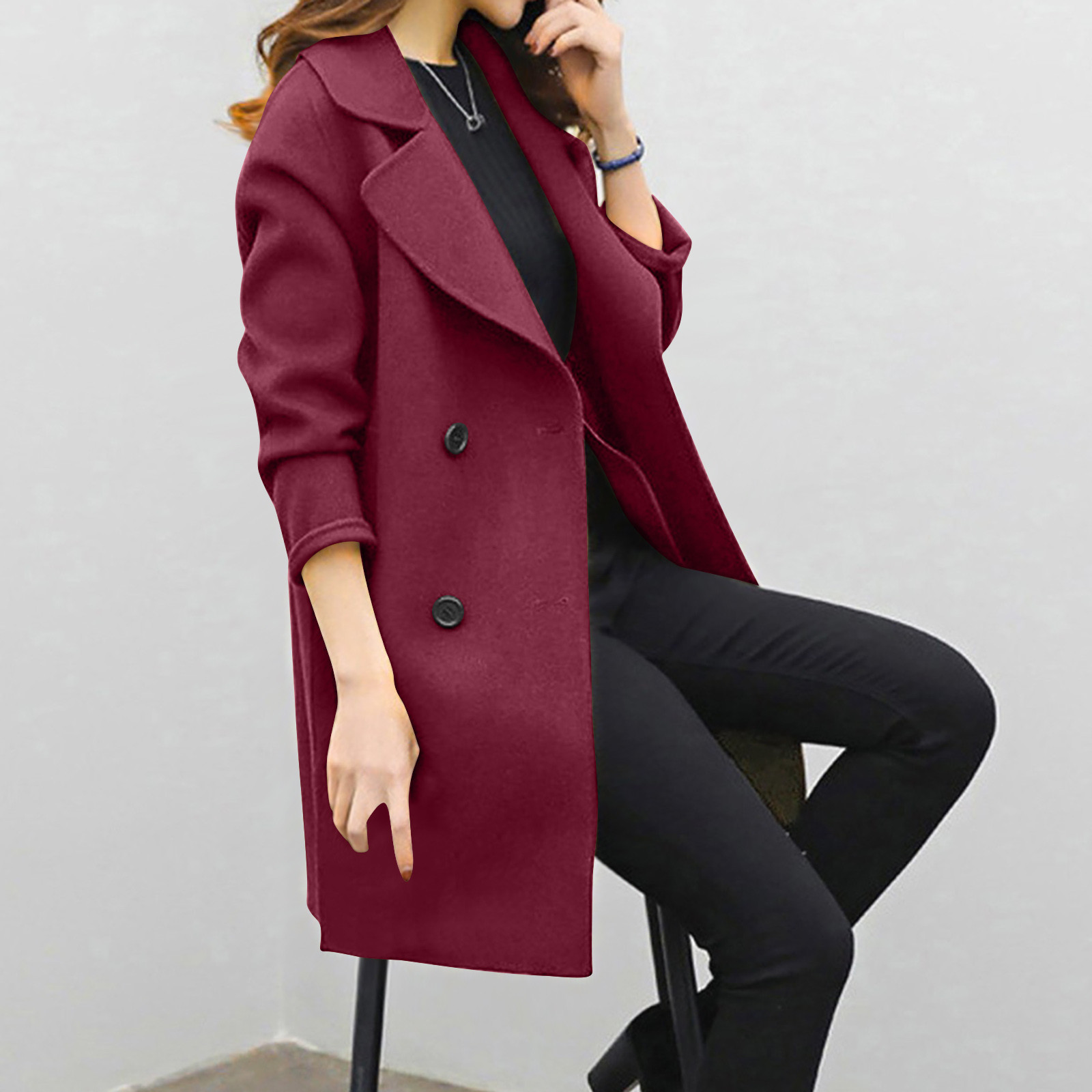 Woolen coat mid-length double-breasted long sleeve solid color woolen coat for women_voghion.com