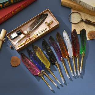 European Style Vintage Dip in Water Quill Pen Set Sprinkling Gold Feather Pen Student Birthday Set Creative Business Gift Box