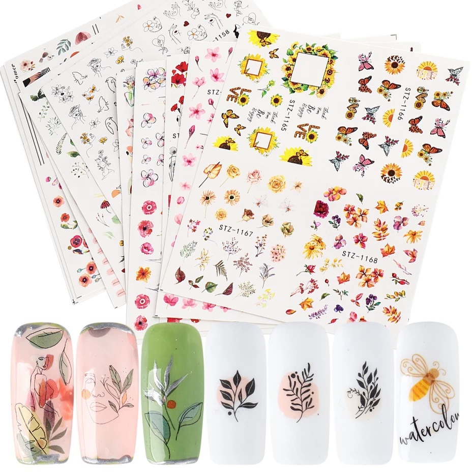 Cross-border new nail stickers spring and summer fresh colorful flower butterfly sunflower watermark nail stickers nail
