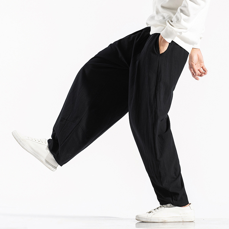 Spring and summer 2021 Men's cotton and linen casual pants loose wide leg Harlan large size Chinese style men's pants wholesale