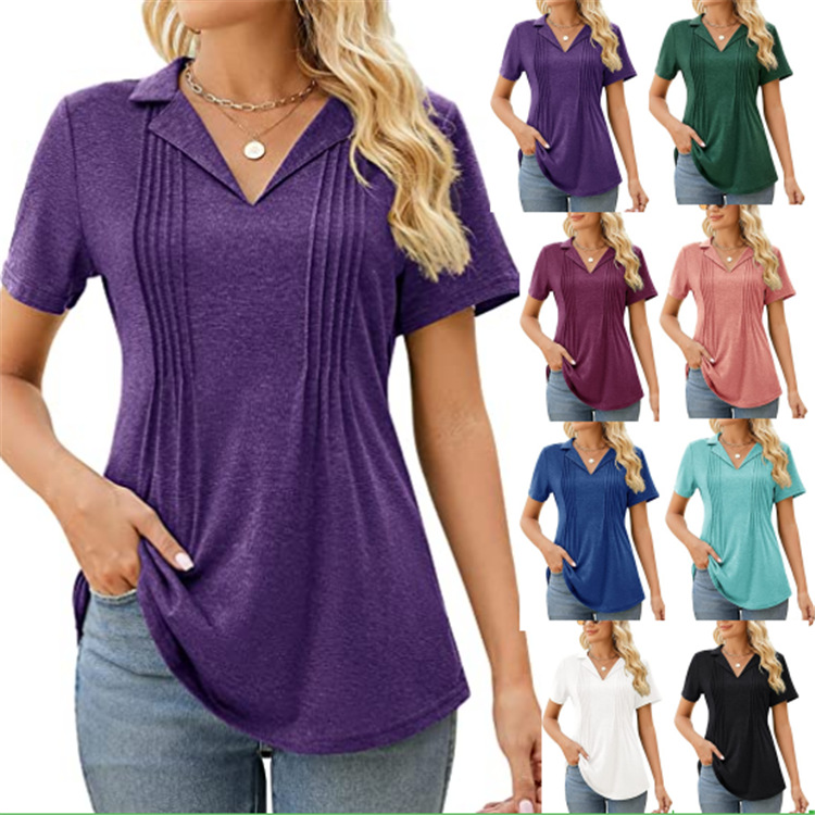 Spot 2023 Amazon Explosions European and American Women's V-neck Short Sleeve Pleated T-shirt Solid Color Women's Casual Top Women's Clothing