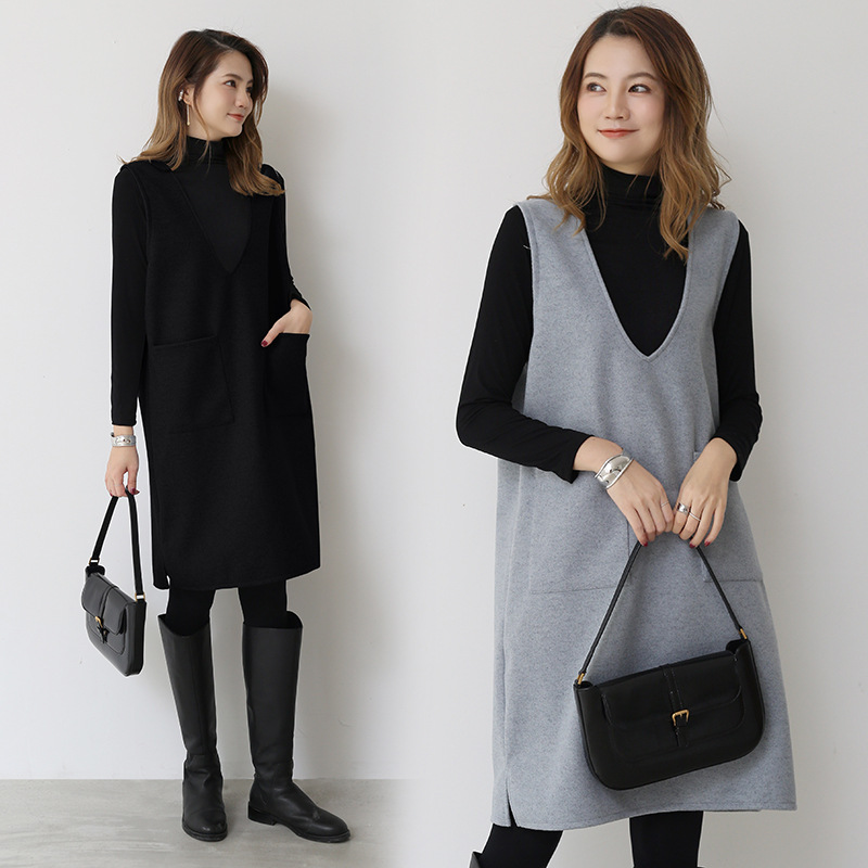 Winter Thin Japanese-style Korean-style Pullover Deep V-neck Elegant Commuting Loose Waist Mid-length Dress Solid Color Outer