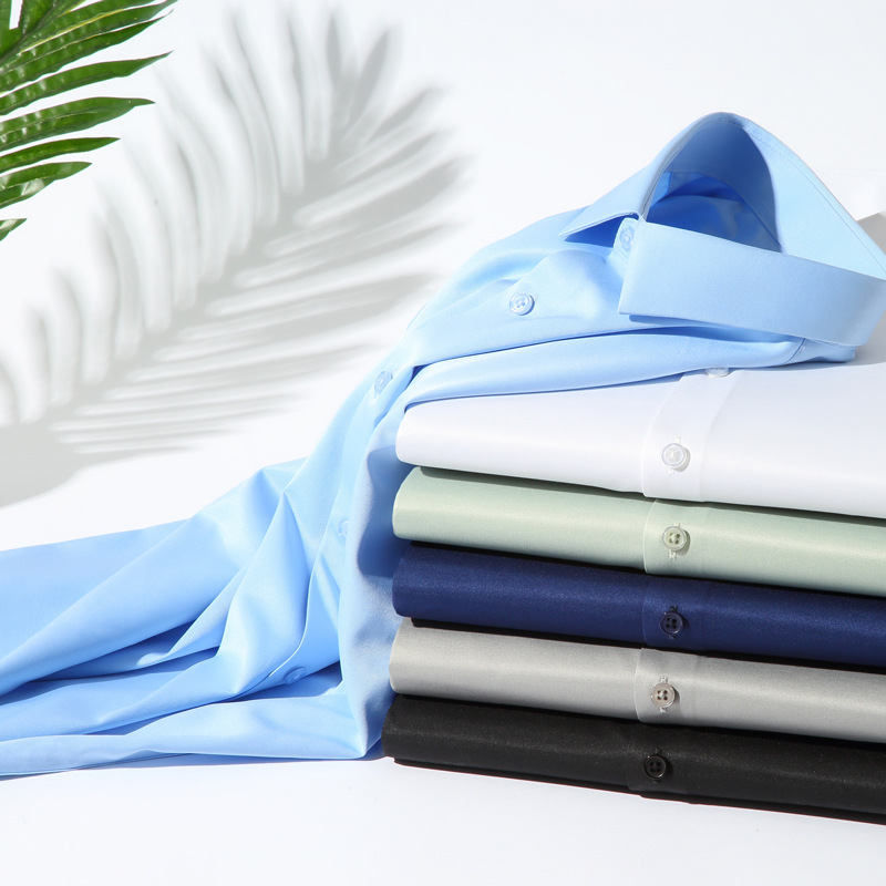2024 New elastic silk white shirt men's long sleeve non-ironing solid color breathable casual slim fit business men's shirt