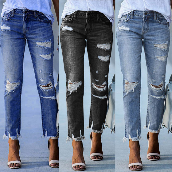 Factory direct 2023 new washed worn tassel ladies jeans Europe and the United States slim stretch leggings wholesale