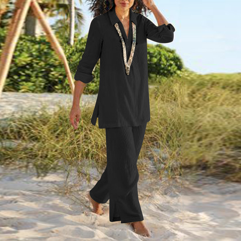 2023 cross-border foreign trade large size women's clothing solid color National style vintage pants set cotton and linen casual long sleeve loose cotton suit