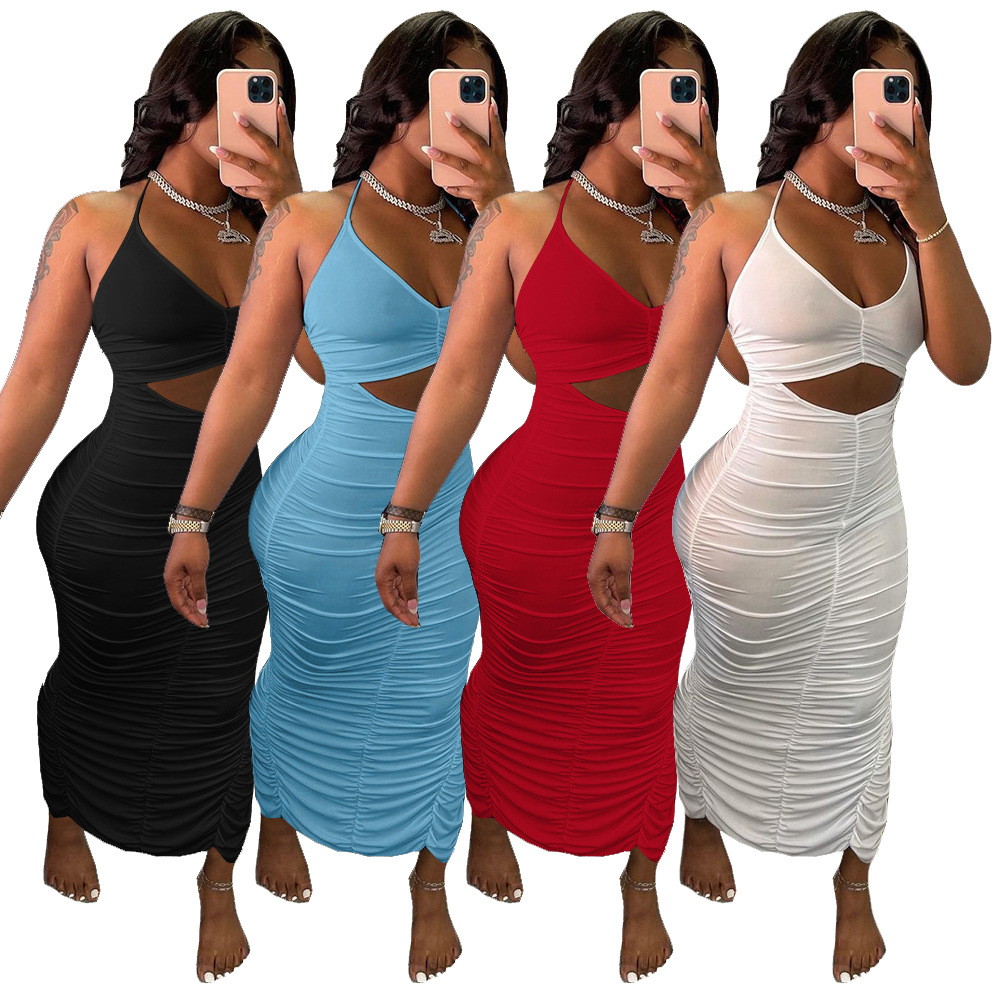 G7034 European and American Women's Clothing Amazon Independent Station Fashion Casual Solid Color Strap Pleated Dress