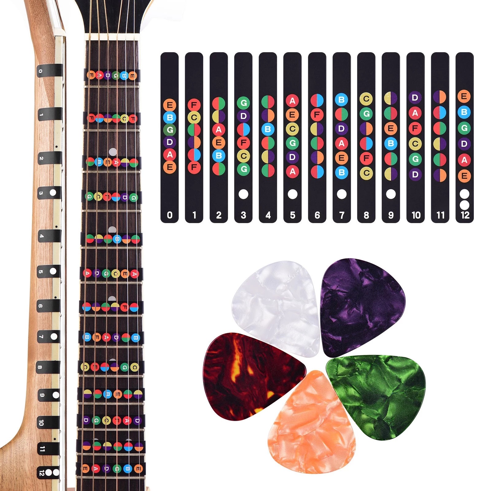 Guitar scale stickers guitar beginner fingerboard stickers with 5 random color picks