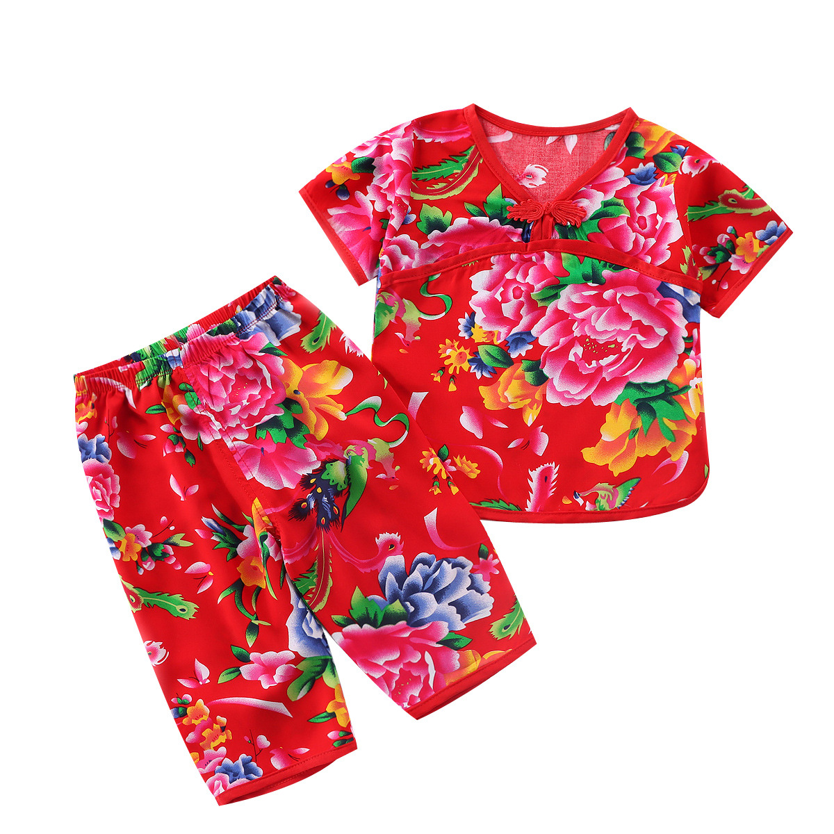 Children's Home Suit Internet Popular Baby's Cotton Silk Northeast Large Flower Short-Sleeved Cropped Pants for Boys and Girls Summer Pajamas Thin