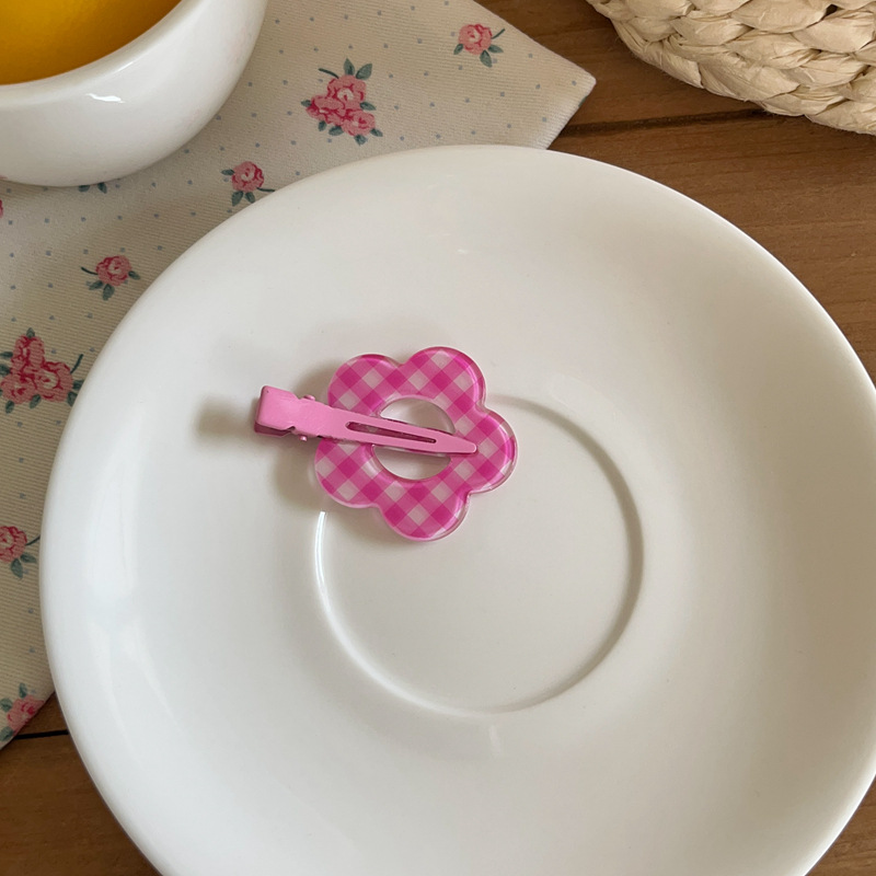 Forcina per capelli con motivo floreale a pois a quadri ritagliati, a forma di cuore, versatile, con fiore, per il trucco, con clip a becco d'anatra, con frangia spezzata_voghion.com