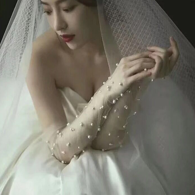 New Long Bridal Wedding Dress Colored White Sexy Gloves Retro Pearl Transparent Mesh Mori Wedding Dress Sleeve