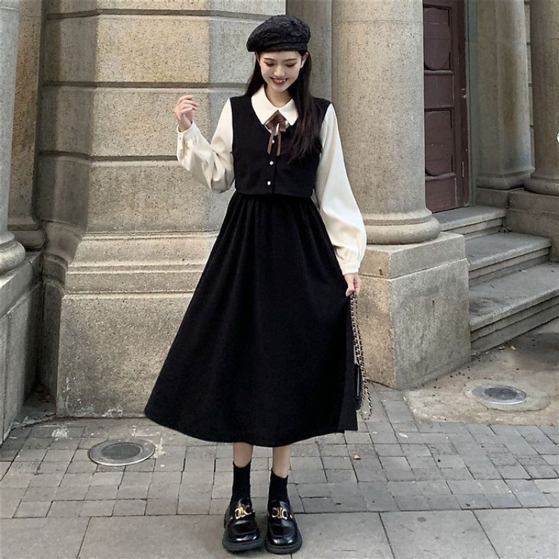 2022 Autumn and Winter New Women's Fake Two-piece Long-sleeved Dress French Retro Elegant Tight Waist Slimming Mid-length Dress