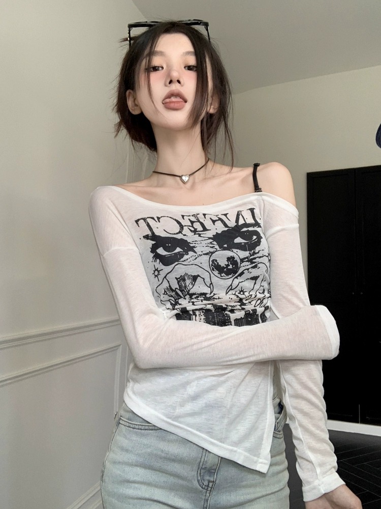 PPHOME soft and sweet ~ long-sleeved sun protection blouse women's design hollow off-shoulder slim slimming thin top