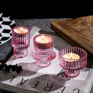 Green Classic Vertical Stripe Pink Amber Dual-purpose Candlestick Glass Candlestick Cup Candlestick Cup Household Candlestick Ornaments