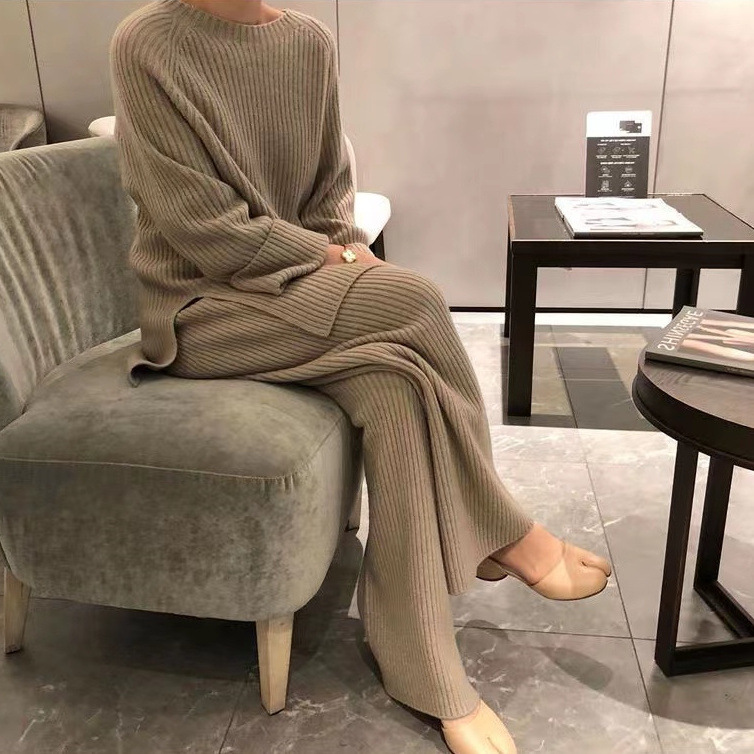 2024 Spring and Autumn New Lazy Style Retro Loose Split Sweater Wide Leg Pants Fashionable Age-reducing Knitted suit Pants for Women
