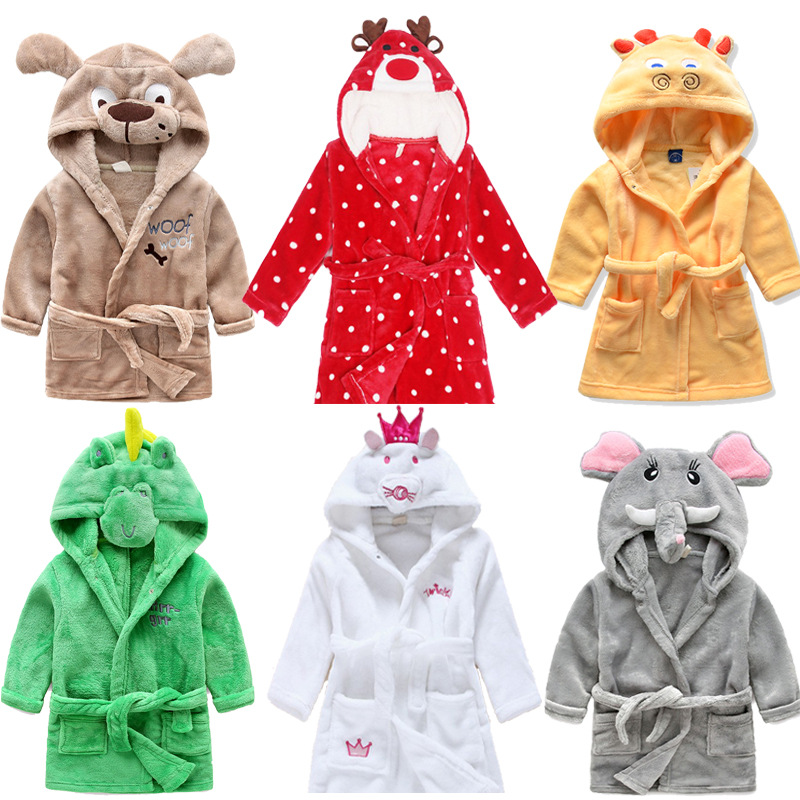 Men's and women's children's pajamas baby cartoon nightgown winter hooded bathrobe flannel parent-child wear home clothes coral velvet