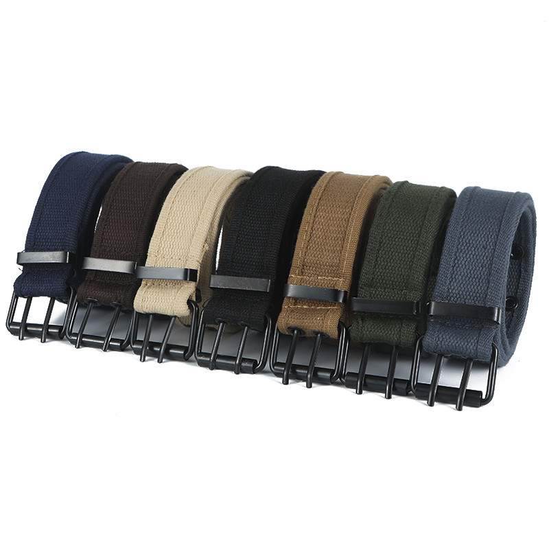 New Belt men's fashion casual double pin buckle cotton belt trendy all-match double row air hole woven belt wholesale