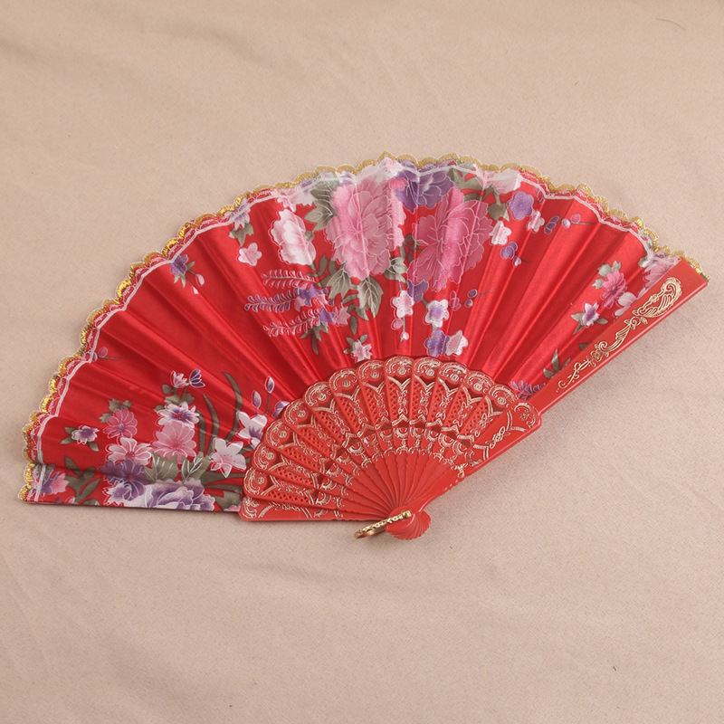 Silk cloth fan plastic fan lace folding fan satin fan floral hot stamping dance fan color factory direct sales