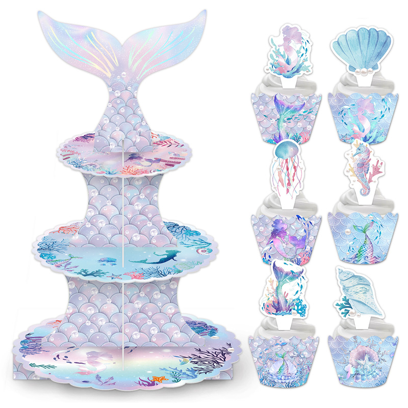 マーメイドパーティー装飾ケーキスタンドmermaid紙デザート台ケーキ縁ケーキセット|undefined