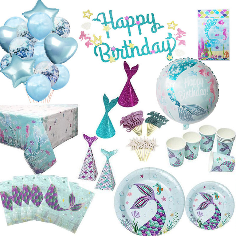 新款生日派對裝飾美人魚套裝 生日派對用品美人魚桌布 蛋糕插牌