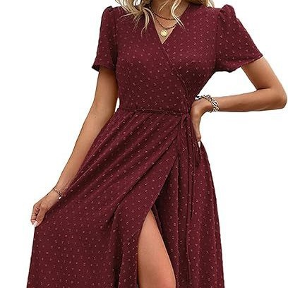 Women's summer wrap casual bohemian floral V-neck short sleeve pleated hem split Beach maxi dress