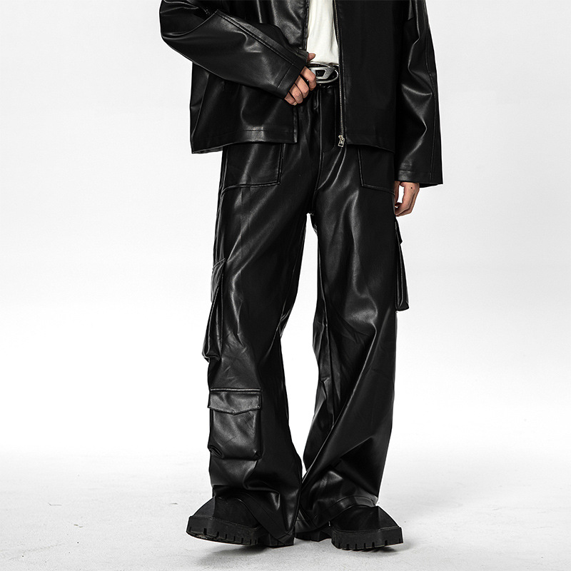 American Style Retro Street PU Leather Pants Men's Autumn Fashion Brand Loose Multi-Pocket Functional Straight Casual Overalls