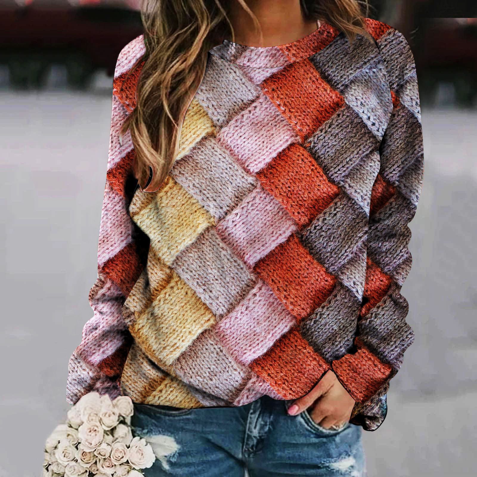 1688 women's 2023 autumn new wish creative sweater printed stitching round neck raglan long sleeve women's sweater