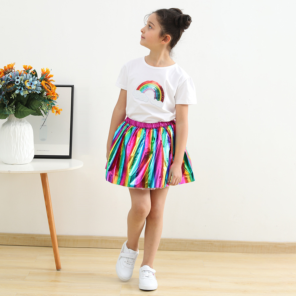 2023 New Bronzing Rainbow Skirt Party Performance Girls' Skirt Lined with Mesh tutu Skirt European and American Children's Wear